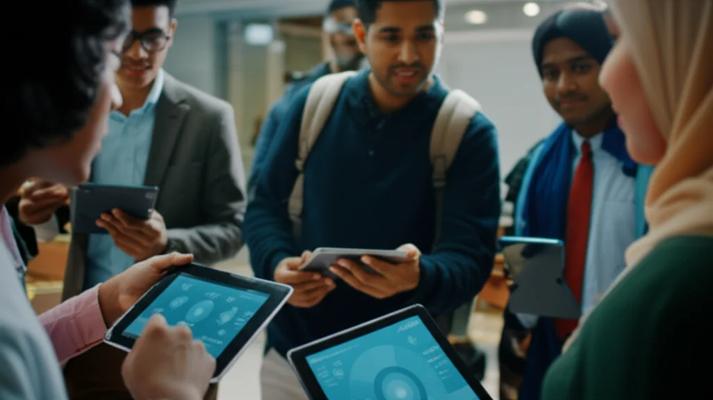 Fotografia stile ritratto, obiettivo 35mm, profondità di campo accentuata. Un gruppo eterogeneo di studenti universitari malesi interagisce con entusiasmo con interfacce AI futuristiche su tablet e schermi trasparenti in un'aula luminosa e moderna. Luce naturale, atmosfera di apprendimento collaborativo e tecnologico.