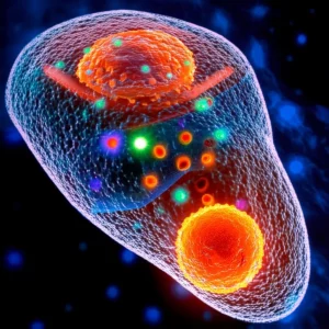Immagine concettuale di un fegato umano con cellule immunitarie mieloidi evidenziate in blu brillante che interagiscono con gli epatociti di colore arancione. Luce drammatica per enfatizzare l'enzima CD38 sulle cellule mieloidi. Obiettivo prime 35mm, profondità di campo, duotone blu e arancione, a simboleggiare la ricerca scientifica sul danno da ischemia-riperfusione epatica e il ruolo specifico delle cellule mieloidi.