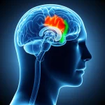 Immagine concettuale fotorealistica che illustra la complessa connessione tra il cervello umano (con focus sulla corteccia orbitofrontale evidenziata) e il sistema digestivo stilizzato, simboleggiando l'asse cervello-intestino e le alterazioni nella stitichezza funzionale. Stile macro, obiettivo 80mm, illuminazione drammatica e controllata, alto dettaglio sulle strutture neurali e intestinali, sfondo scuro e pulito.