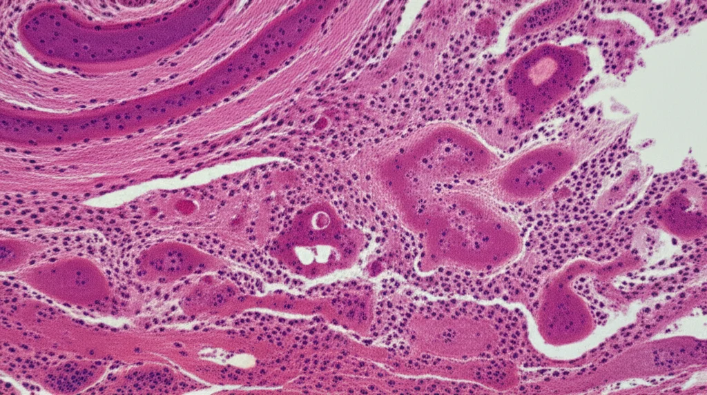 Immagine fotorealistica, obiettivo macro 85mm, primo piano di tessuto adiposo mesenterico infiammato con piccoli noduli e una sottile pseudo-capsula fibrotica, rappresentativo della panniculite mesenterica, alta definizione, illuminazione laterale controllata per enfatizzare la struttura.
