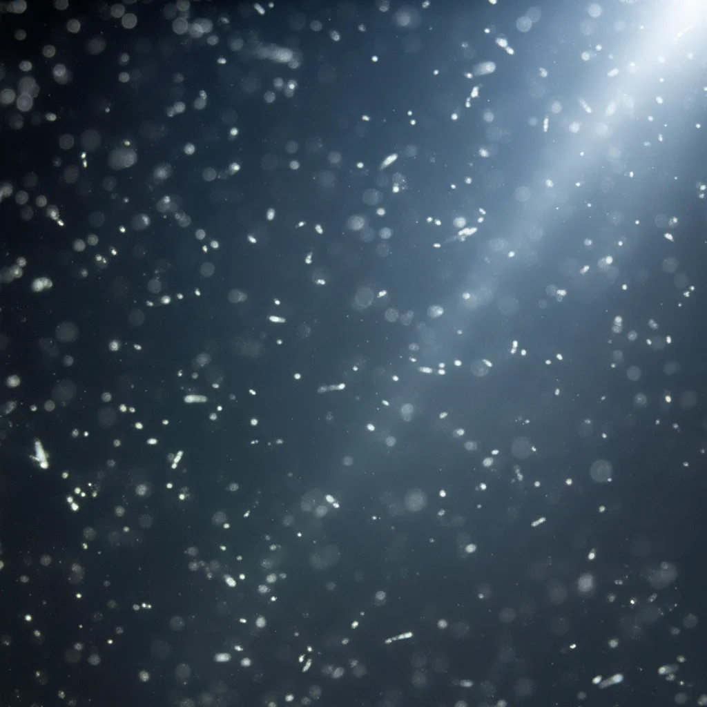 Immagine macro di particelle di sedimento sospese in acqua, illuminate da un raggio di luce che ne evidenzia la torbidità. Obiettivo macro 100mm, alta definizione, illuminazione controllata per enfatizzare le particelle, messa a fuoco precisa sulle particelle in sospensione.