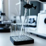 Macro fotografia, obiettivo da 100 mm, dettagli elevati, illuminazione controllata, un primo piano di un viscosimetro che misura la viscosità di un campione di fluido sinoviale in un ambiente di laboratorio, evidenziando la precisione scientifica del processo diagnostico per le infezioni articolari protesiche.