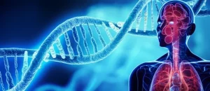Obiettivo grandangolare, 15mm, che cattura un filamento di DNA stilizzato e luminoso intrecciato con rappresentazioni astratte di cellule colorettali all'interno di una silhouette umana, messa a fuoco nitida sul DNA, simboleggiando la tecnologia di rilevamento precoce, lo sfondo suggerisce sottilmente un ambiente di ricerca medica.