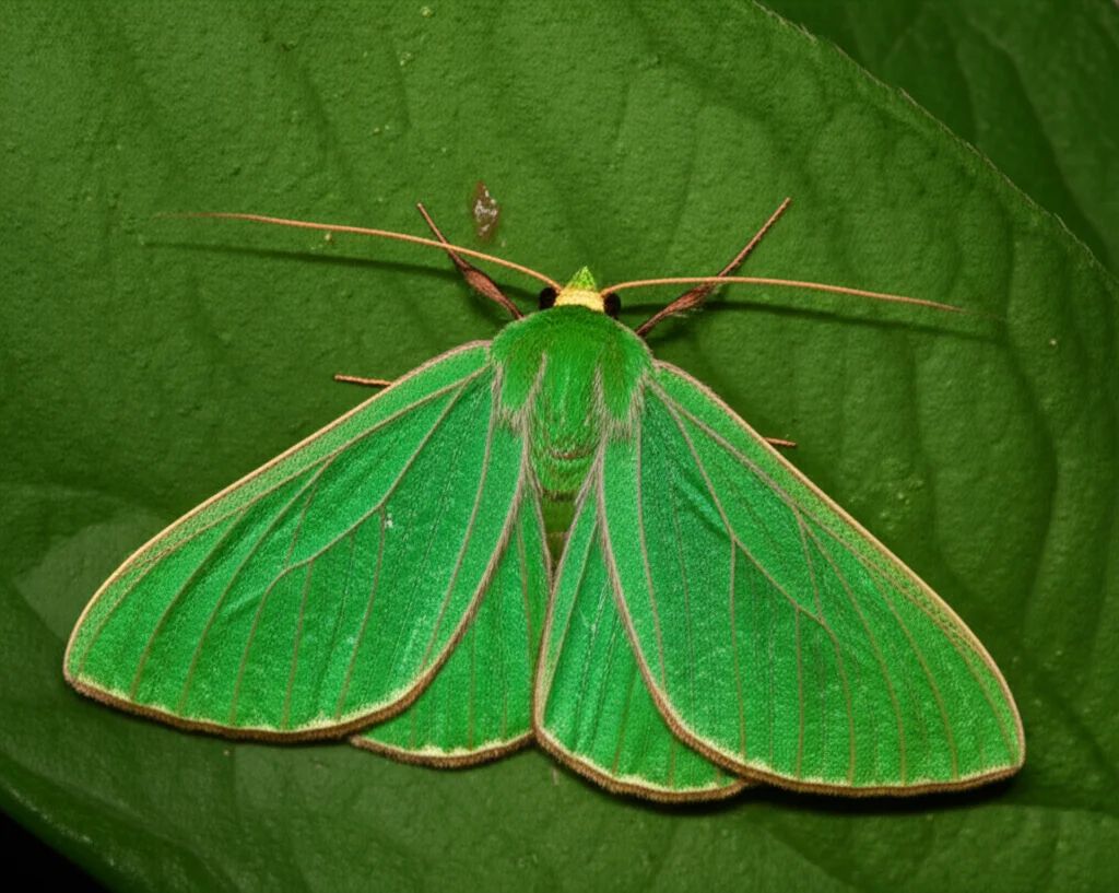 Primo piano macro di una falena Parotis chlorochroalis di colore verde brillante, con dettagli minuti delle ali e del corpo, posata su una foglia verde intenso. Obiettivo macro 105mm, illuminazione da studio controllata per massima nitidezza e dettaglio, messa a fuoco precisa sugli occhi e le antenne dell'insetto.