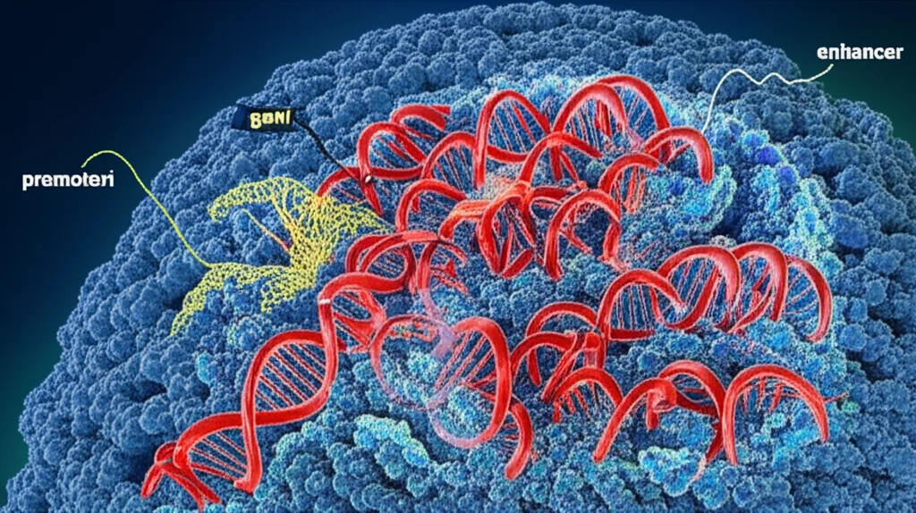Rappresentazione artistica fotorealistica del paesaggio tridimensionale del genoma all'interno di un nucleo cellulare canceroso, con filamenti di DNA che formano complesse anse e interazioni, evidenziando regioni attive (enhancer) e geni (promotori). Dettagli ad alta risoluzione, illuminazione drammatica per enfatizzare la complessità, obiettivo macro 100mm, profondità di campo che sfoca lo sfondo.