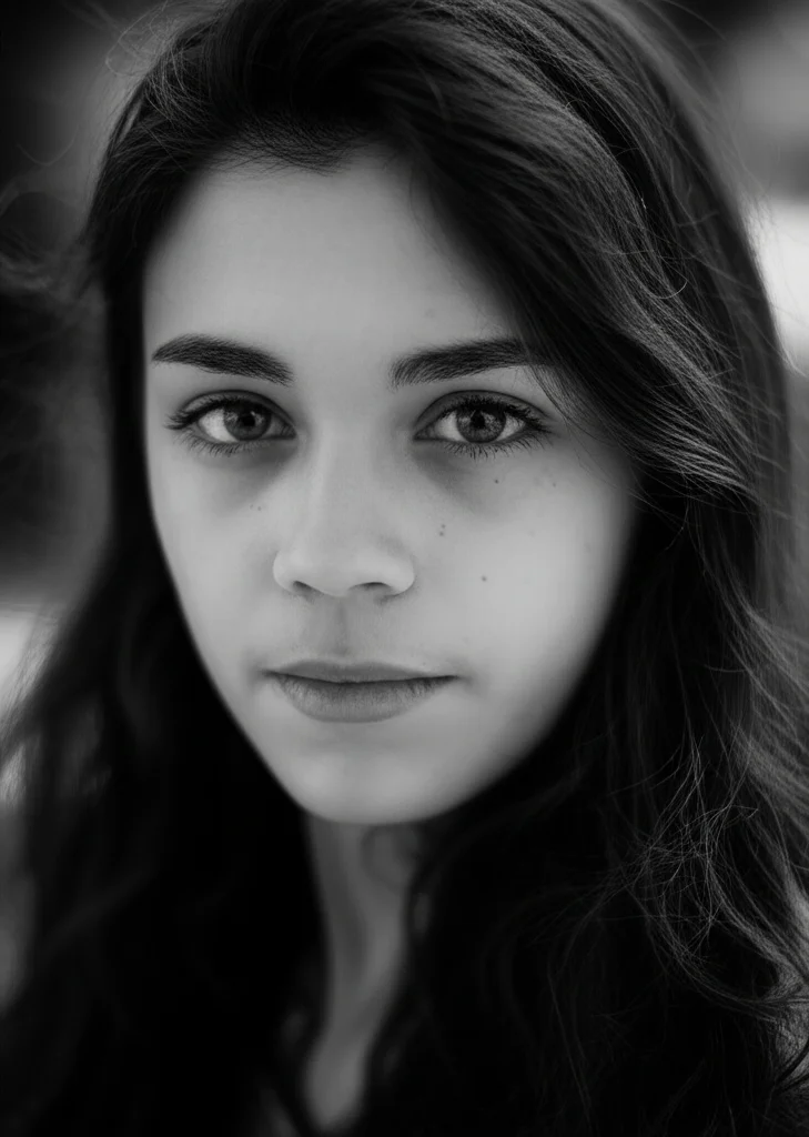 Ritratto fotografico intenso, obiettivo 35mm, stile film noir in bianco e nero, di un'adolescente appartenente a una minoranza sessuale, il volto parzialmente in ombra ma con sguardo diretto e resiliente verso l'osservatore. Simboleggia le sfide affrontate nel sistema legale e la necessità di supporto. Profondità di campo per enfatizzare il soggetto.