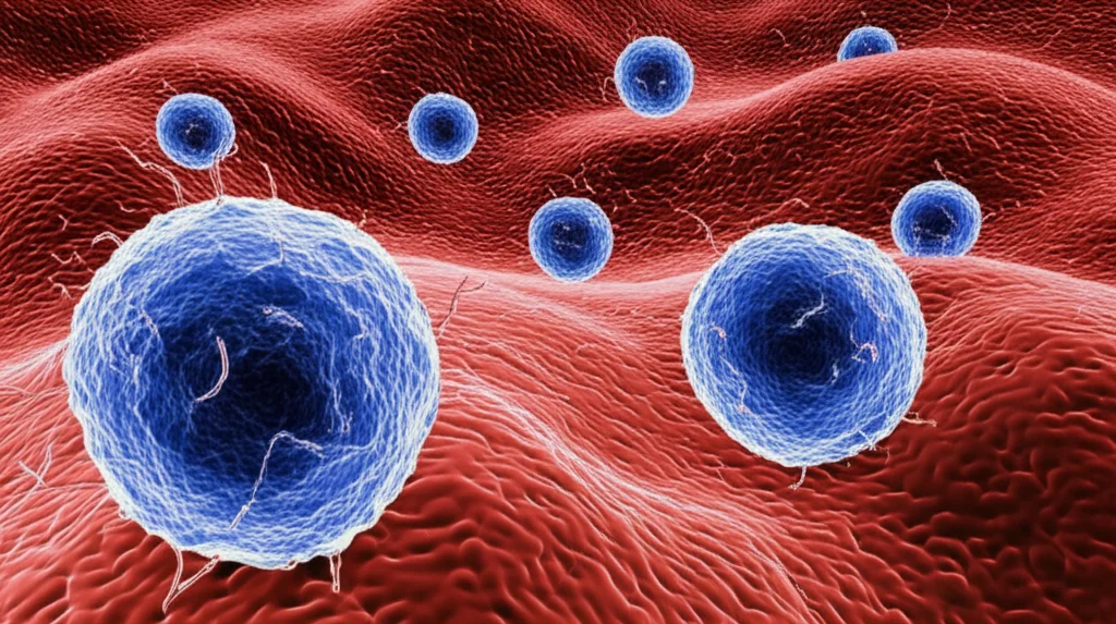 Visualizzazione artistica e fotorealistica di cellule di cancro ovarico che interagiscono con il fluido ascitico, con dettagli microscopici visibili, utilizzando una lente macro da 105mm e un'illuminazione controllata per enfatizzare la complessità biologica, in un contesto di ricerca medica.