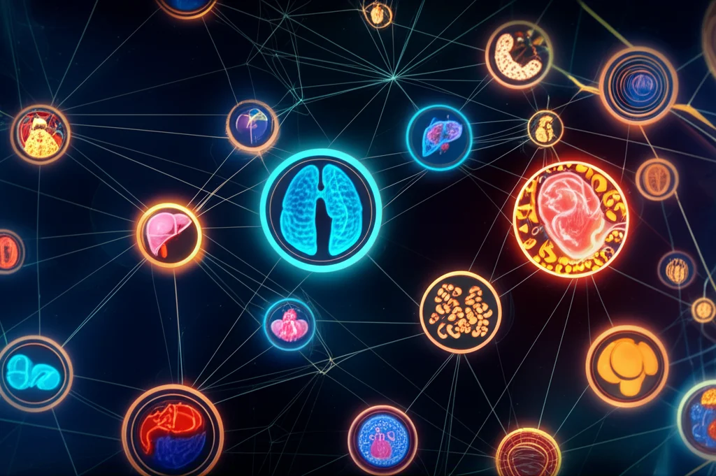 Wide-angle 24mm photo illustrating a complex network of interconnected health conditions and biological pathways.