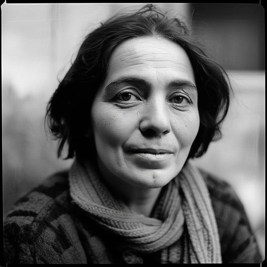 Ritratto intenso di una donna Rom di mezza età che guarda fuori da una finestra rotta, il suo volto esprime preoccupazione e stanchezza. Luce naturale laterale, obiettivo 35mm, bianco e nero con grana fine, profondità di campo ridotta per focalizzare l'attenzione sull'espressione.