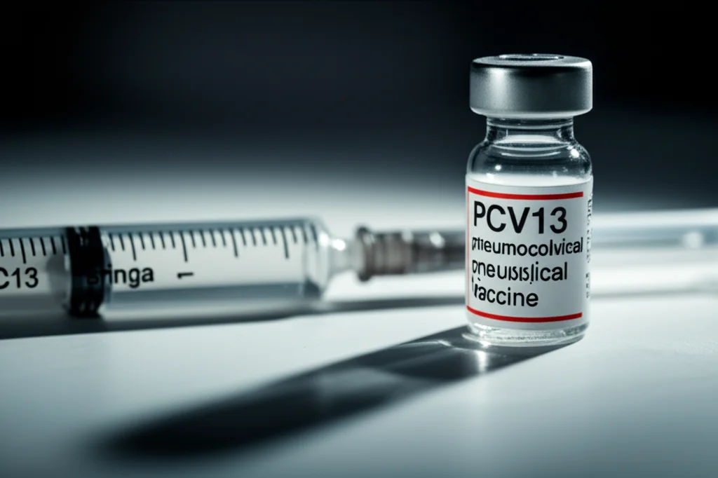 Primo piano macro di una fiala di vaccino pneumococcico PCV13 e una siringa su un tavolo sterile in un laboratorio medico, illuminazione controllata e precisa, alta definizione dei dettagli, lente macro 90mm.