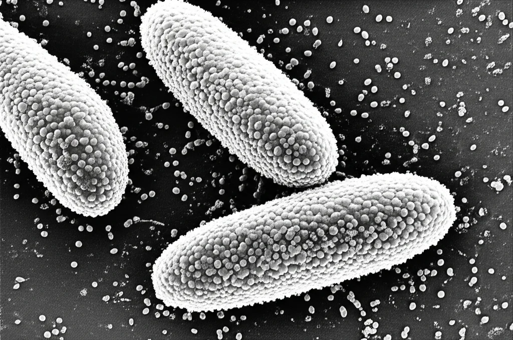 Micrografia elettronica ad alta risoluzione del batterio Streptococcus pneumoniae, focalizzata sul sierotipo 3 con la sua capsula distintiva, illuminazione scientifica controllata, lente macro 105mm, alta definizione dei dettagli batterici.