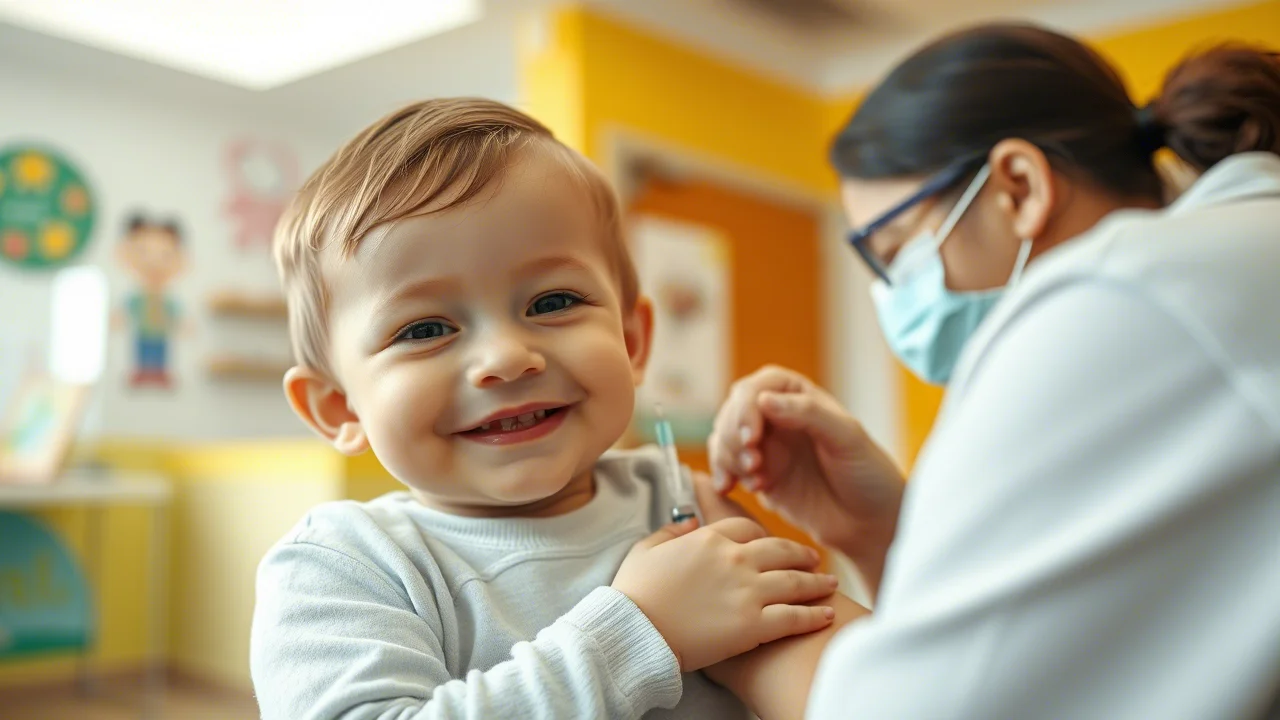 Ritratto di un bambino piccolo che riceve una vaccinazione da un pediatra sorridente in un ambulatorio colorato e accogliente, luce naturale morbida, obiettivo 35mm, profondità di campo che sfoca leggermente lo sfondo.