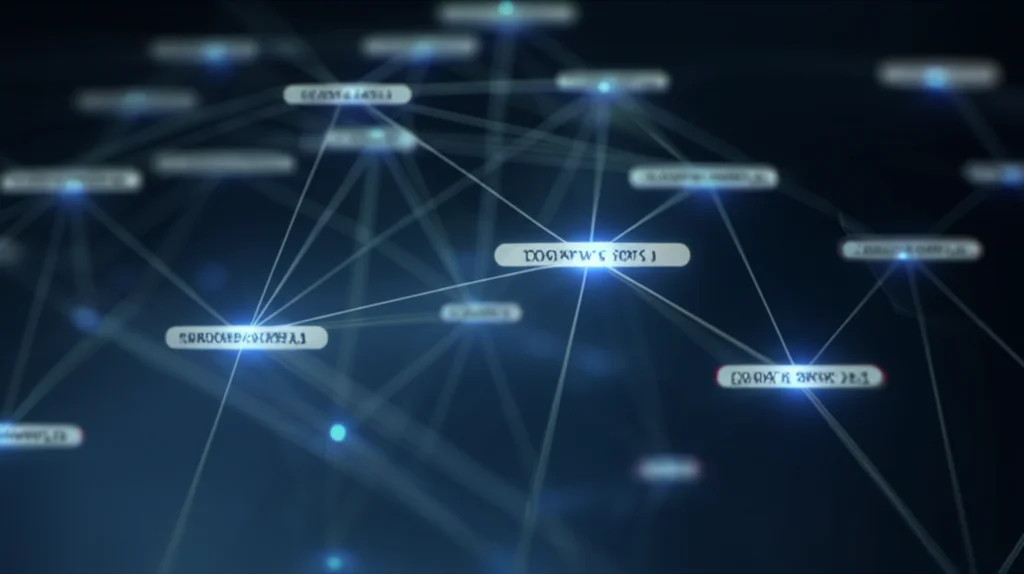 Visualizzazione astratta di una rete complessa di geni e proteine interconnessi, con nodi luminosi che rappresentano i geni candidati (come CEBPB, IRF1, TNFAIP3) e linee che indicano interazioni. Stile high-tech, sfondo scuro, obiettivo prime 50mm, profondità di campo per mettere a fuoco i nodi centrali.
