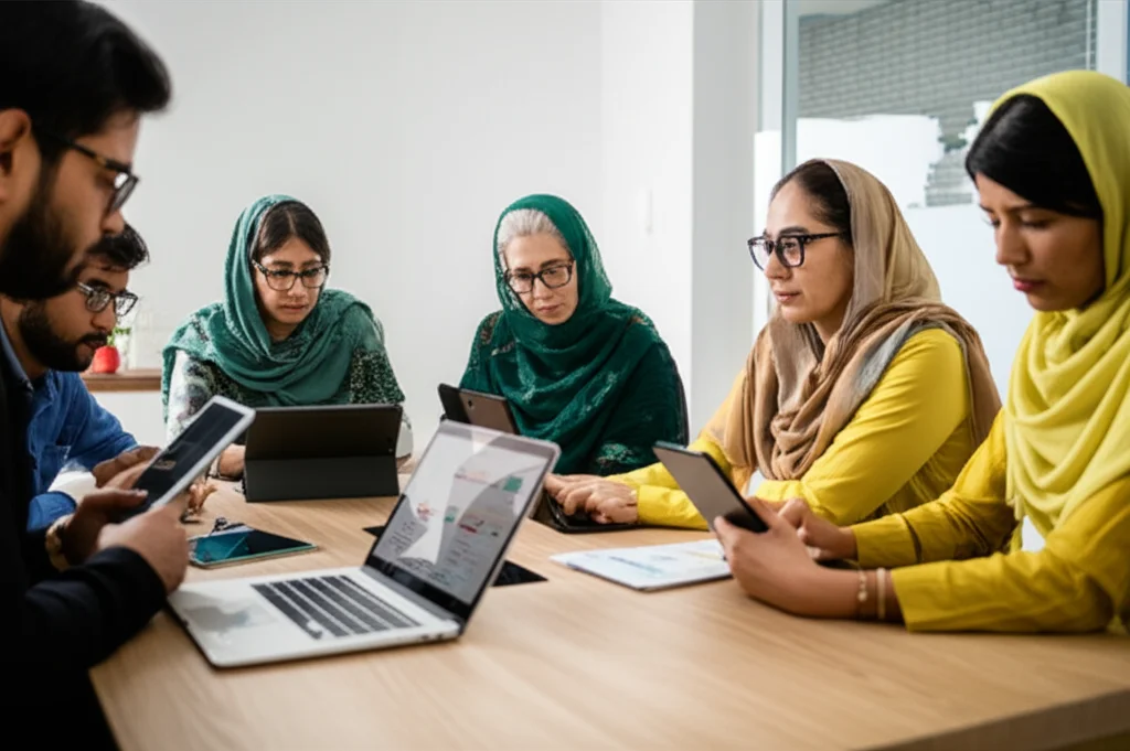 Fotografia realistica in stile documentaristico di un gruppo diversificato di cinque linguisti madrelingua urdu concentrati sul lavoro di annotazione di testi su tablet e laptop in una sala riunioni luminosa e collaborativa. Dettagli sui volti concentrati e sugli schermi con testo urdu. Prime lens, 35mm, depth of field, luce naturale.