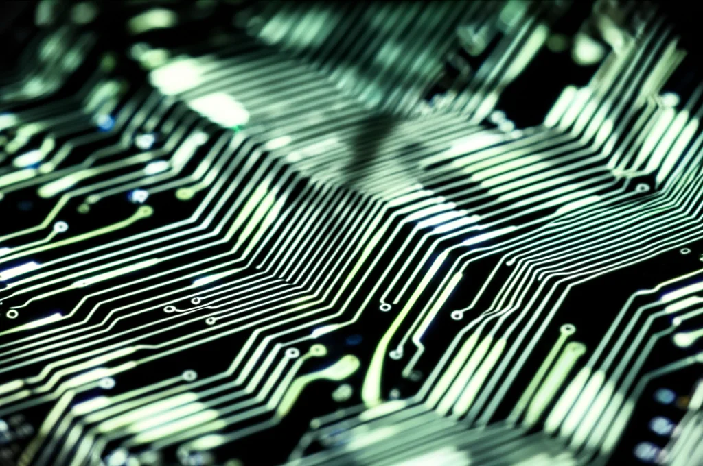 Immagine macrofotografica, lente 90mm, di un chip di computer illuminato da luce soffusa, con linee di codice binarie luminose che si intrecciano come filamenti proteici, simboleggiando l'interfaccia tra AI e biologia molecolare. Alta definizione, messa a fuoco precisa, illuminazione controllata.