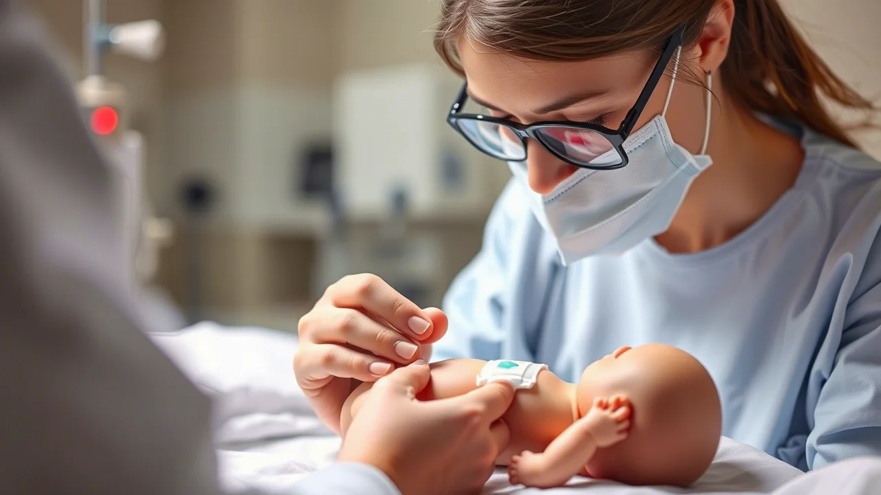 Fotografia con obiettivo primario da 35mm, profondità di campo e luce soffusa, che ritrae un professionista sanitario mentre esamina attentamente un sito IV neonatale su un arto modello, suggerendo l'importanza del monitoraggio attento.
