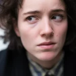 A 35mm portrait of a person looking slightly off-balance or dizzy, with a mix of concern and frustration on their face. Use depth of field to blur the background slightly.