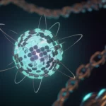 A close-up macro shot of a stylized quantum qubit represented by a glowing sphere interacting with a complex chaotic background representing a noisy spin chain environment, high detail, precise focusing, controlled lighting.