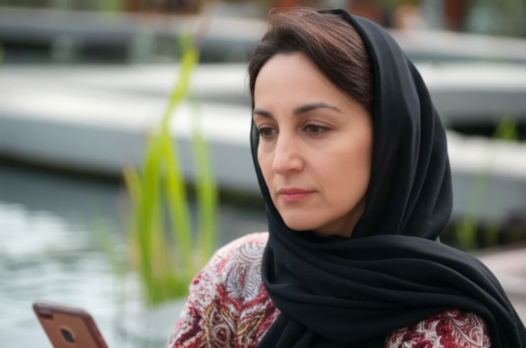 A photorealistic portrait, 35mm lens, of an Iranian woman in her late 30s, looking thoughtfully at her smartphone screen, with a subtle depth of field blur of environmental elements like water or plants in the background.