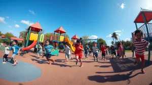 A vibrant wide-angle landscape photo (10mm) of a busy playground with children of various ages engaged in activities like running, jumping, and climbing, sharp focus across the scene.