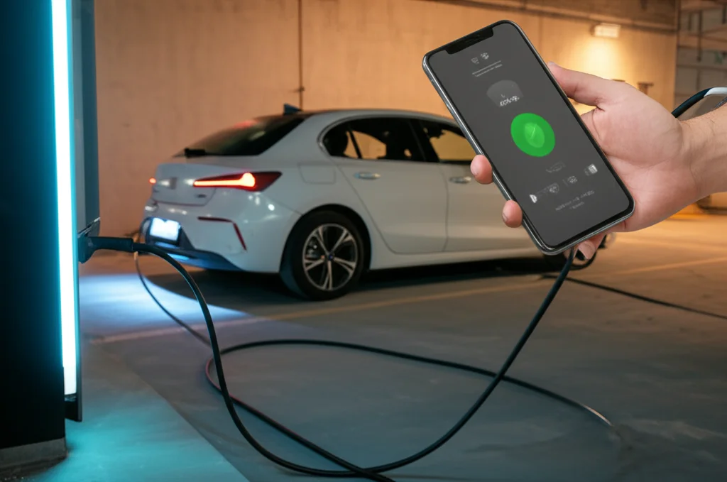 Foto fotorealistica di un'auto elettrica bianca in carica su una postazione wireless in un parcheggio pubblico moderno e luminoso. Si vede la piastra a terra illuminata e l'auto posizionata sopra. In primo piano, una mano tiene uno smartphone che mostra lo stato di carica. Obiettivo 50mm, luce diurna morbida, focus sull'interazione uomo-tecnologia.