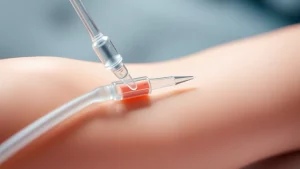 Fotografia macro con obiettivo da 100mm, alta definizione e illuminazione controllata, di un catetere endovenoso periferico neonatale (lungo o corto) inserito delicatamente nella vena di un braccio modello neonatale, simboleggiando l'accesso vascolare in terapia intensiva neonatale.