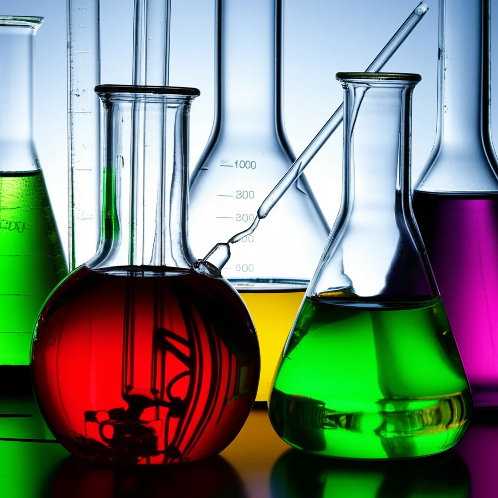 Fotografia macro di una reazione chimica in corso, 100mm, alta definizione, messa a fuoco precisa, illuminazione controllata. Vetreria da laboratorio contenente soluzioni colorate e brillanti, con un accenno a catalizzatori metallici (nichel), che simboleggia la sintesi di esteri benzil boronici.