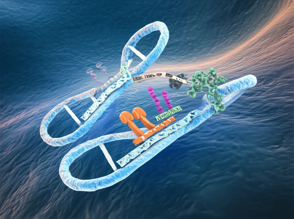Immagine concettuale astratta che rappresenta l'asse miR-106a-5p/PTEN all'interno di una cellula ossea, con molecole di RNA e proteine stilizzate. Sfondo con texture ossea e sfumature di colore che suggeriscono l'accumulo di ferro. Lente prime, 35mm, profondità di campo, duotone blu e arancione.