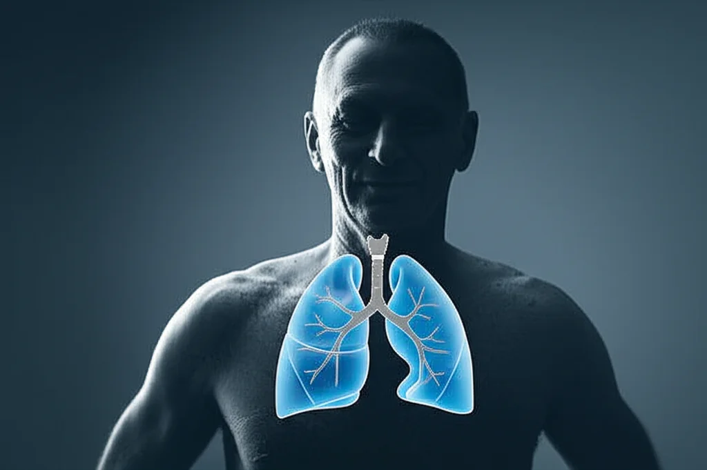 Immagine concettuale che mostra la silhouette di un uomo anziano con i polmoni evidenziati e fibre muscolari sovrapposte, a simboleggiare la connessione tra salute polmonare e massa muscolare. Stile fotorealistico con un leggero effetto duotone blu e grigio per un tocco medico-scientifico, obiettivo da 35mm, profondità di campo.