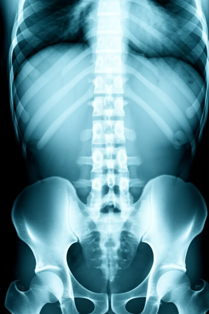 Immagine concettuale di un sistema di fissaggio spinale Waveflex applicato alla colonna lombare, con un chirurgo che osserva una radiografia in background. Lente prime 50mm, illuminazione da studio con leggero effetto drammatico, profondità di campo per mettere a fuoco l'impianto e sfocare leggermente il chirurgo.