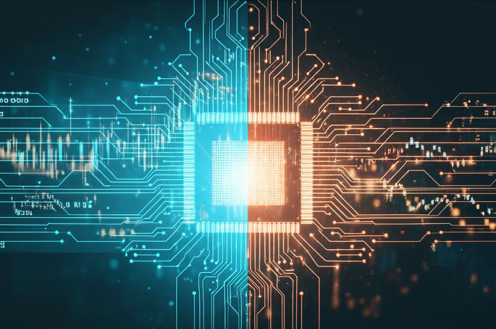 Immagine concettuale divisa a metà: da un lato un cervello umano stilizzato con grafici finanziari sovrapposti, dall'altro un chip di intelligenza artificiale luminoso con flussi di dati digitali. Prime lens, 35mm, depth of field, duotone ciano e arancione.