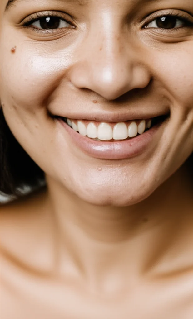 Portrait photography, 35mm lens, showing a person with clear skin smiling, representing successful psoriasis treatment.