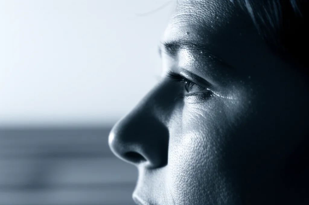 Primo piano di occhi di una persona che guardano verso l'orizzonte con espressione di speranza e riflessione sul futuro della cura per l'HIV. Luce morbida laterale che illumina il volto. Prime lens, 50mm portrait, depth of field, duotone blu e grigio per un effetto intenso ma non cupo.