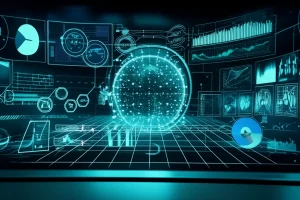 Rappresentazione fotorealistica di un sistema quantistico a molti corpi con interazioni a lungo raggio, visualizzate come filamenti di luce che collegano particelle distanti su un reticolo complesso. Elementi che suggeriscono il monitoraggio continuo e l'analisi dei dati, come grafici olografici sovrapposti. Wide-angle lens, 20mm, sharp focus, illuminazione drammatica con contrasti per un'atmosfera high-tech e misteriosa.
