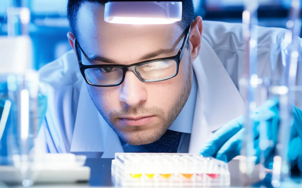 Ricercatore in camice bianco che osserva attentamente una piastra multi-pozzetto contenente campioni biologici sotto una luce da laboratorio, sfondo sfocato di attrezzature scientifiche, fotografia ritratto 35mm, profondità di campo.