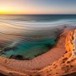 Ricostruzione digitale artistica di un'antica linea di costa dell'Olocene sovrapposta a un paesaggio costiero moderno della Spagna sud-orientale, con strati geologici visibili sottoterra contenenti sacche di acqua fossile intrappolata, stile fotorealistico, luce drammatica dell'alba che illumina la scena, lente grandangolare 20mm, messa a fuoco nitida su tutta la scena.