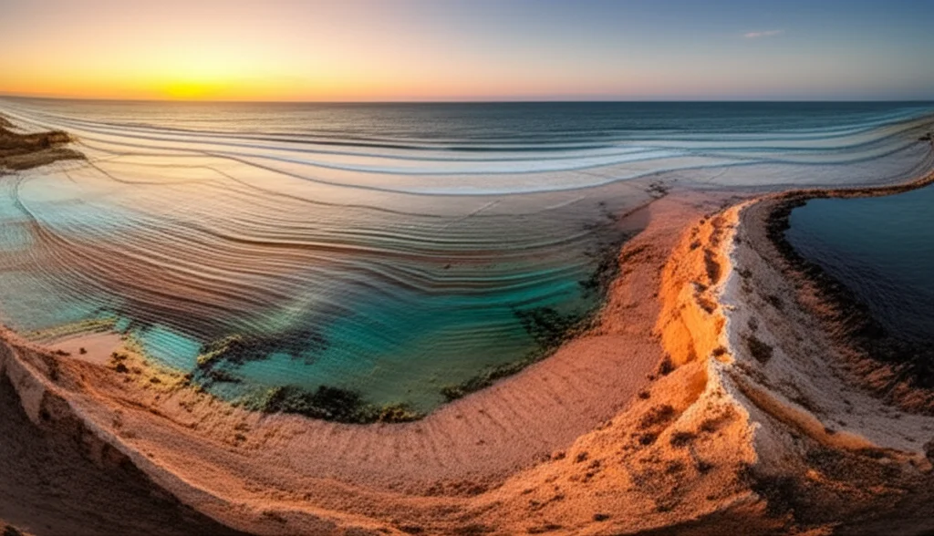 Ricostruzione digitale artistica di un'antica linea di costa dell'Olocene sovrapposta a un paesaggio costiero moderno della Spagna sud-orientale, con strati geologici visibili sottoterra contenenti sacche di acqua fossile intrappolata, stile fotorealistico, luce drammatica dell'alba che illumina la scena, lente grandangolare 20mm, messa a fuoco nitida su tutta la scena.