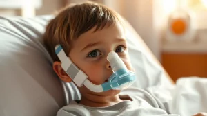 Ritratto fotografico di un bambino piccolo in un letto d'ospedale che riceve supporto respiratorio non invasivo (mascherina nasale), luce soffusa e calda proveniente da una finestra laterale, espressione del bambino seria ma resiliente, obiettivo prime 50mm, profondità di campo ridotta per sfocare delicatamente lo sfondo della stanza d'ospedale, mettendo in risalto il bambino.