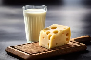 Still life food photography, obiettivo macro 70mm, che mostra una fetta invitante di formaggio semi-stagionato probiotico su un tagliere rustico. Accanto, un bicchiere di latte con delle sottili linee luminose che rappresentano il trattamento con impulsi elettrici (PEF). Alta definizione, messa a fuoco precisa sulla texture del formaggio, illuminazione calda e controllata, sfondo pulito leggermente sfocato.