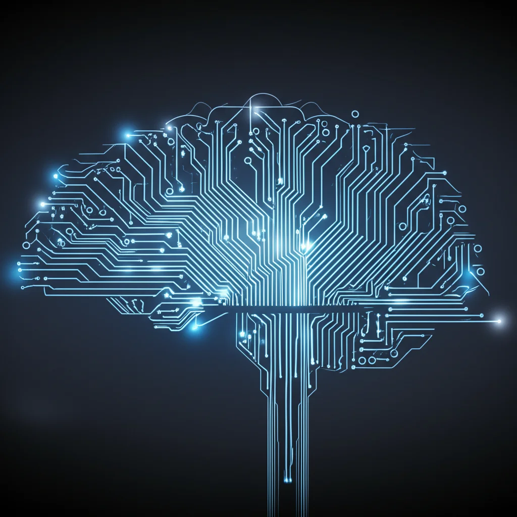 Un cervello stilizzato composto da circuiti luminosi e connessioni neurali, simboleggiante l'intelligenza artificiale che analizza flussi di dati complessi. Fotografia concettuale, obiettivo prime 35mm, profondità di campo, toni blu e grigi duotone per un'atmosfera tecnologica e futuristica.