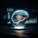 Un cervello umano stilizzato e un microchip si fondono, illuminati da grafici di dati che rappresentano il valore e l'accuratezza. Prime lens, 35mm, film noir style con forti contrasti, a simboleggiare la sinergia e la complessità della valutazione dei modelli AI.