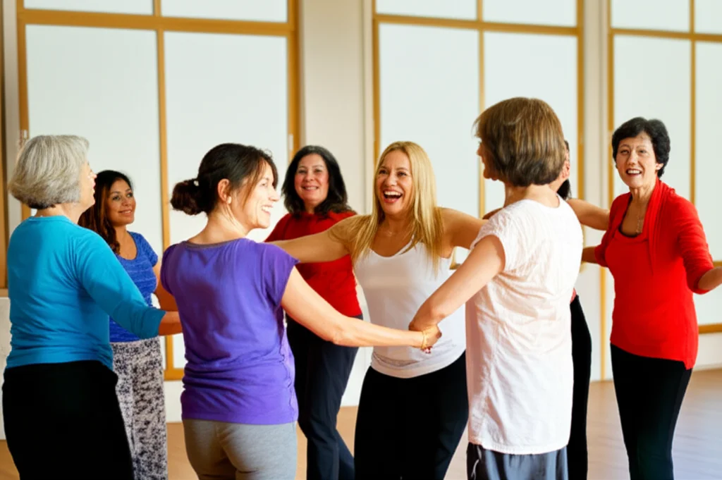 Un gruppo eterogeneo di donne sorridenti che ballano insieme in cerchio durante un vivace corso di danza comunitaria, simboleggiando l'inclusione e la gioia. Obiettivo grandangolare, 24mm, colori caldi e luminosi, catturando il movimento e la connessione tra le partecipanti in un ambiente accogliente.