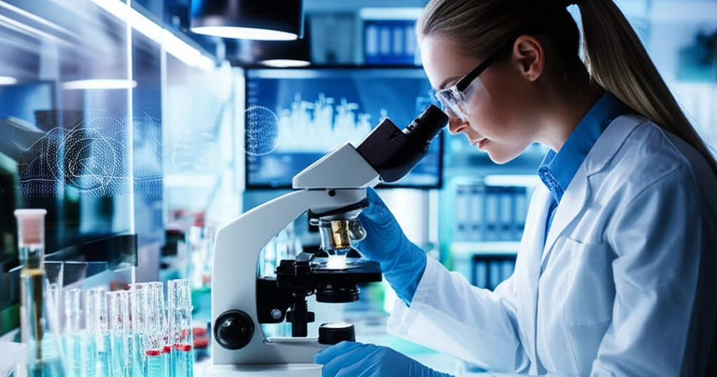 Un'immagine concettuale che rappresenta la ricerca sull'infertilità femminile: una scienziata osserva al microscopio campioni biologici in un laboratorio high-tech, con grafici di dati scientifici sullo sfondo. Macro lens, 100mm, high detail, precise focusing, controlled lighting.
