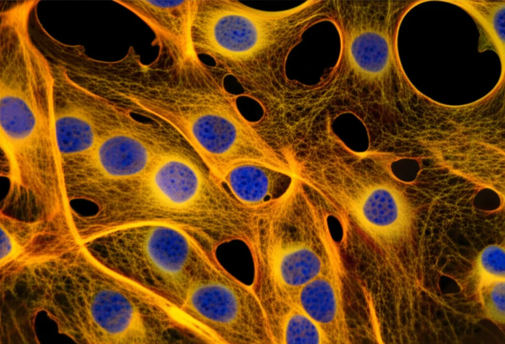 Visualizzazione al microscopio di cellule cardiache, alcune sane e vibranti, altre che mostrano segni di stress indotto da farmaci, con un focus selettivo su una cellula protetta da un meccanismo molecolare. Illuminazione da laboratorio, obiettivo macro 90mm, alta definizione per evidenziare le strutture cellulari.