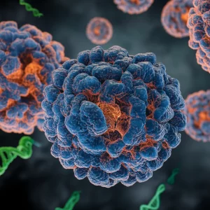 Visualizzazione artistica fotorealistica del concetto di cuproptosi nel carcinoma polmonare squamoso: ioni di rame (sfere lucide color rame) che inducono la morte cellulare programmata in cellule tumorali polmonari stilizzate, con filamenti luminosi di lncRNA (strutture astratte blu/verdi) intrecciati attorno; illuminazione drammatica laterale, focus sui dettagli molecolari delle interazioni, obiettivo macro 90mm, sfondo scuro e sfocato.