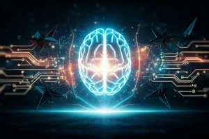 Concetto astratto di sicurezza dell'intelligenza artificiale, con un cervello digitale protetto da scudi luminosi contro minacce cibernetiche stilizzate, obiettivo grandangolare 20mm, illuminazione drammatica, focus nitido.