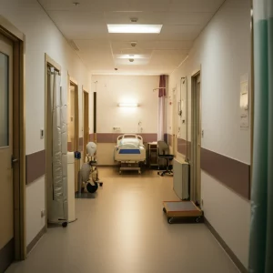 Concetto di supporto e cura per la salute mentale, simboleggiato da una luce soffusa che illumina una stanza tranquilla di ospedale. Obiettivo 35mm, profondità di campo, toni caldi e rassicuranti.