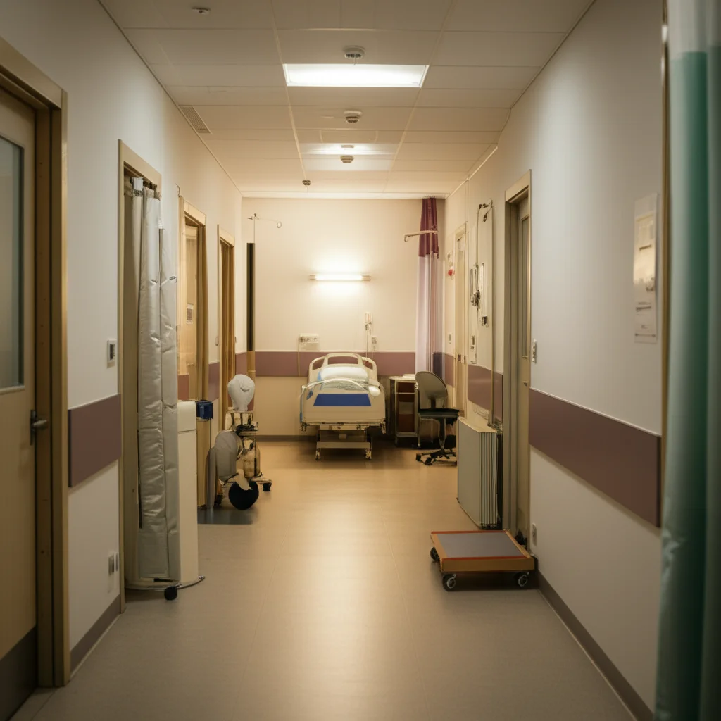 Concetto di supporto e cura per la salute mentale, simboleggiato da una luce soffusa che illumina una stanza tranquilla di ospedale. Obiettivo 35mm, profondità di campo, toni caldi e rassicuranti.