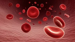 Immagine concettuale che sovrappone una micrografia di globuli rossi anemici (più piccoli e pallidi) a un'immagine stilizzata dell'apparato digerente (stomaco, intestino, fegato, pancreas) con aree evidenziate in rosso a simboleggiare i tumori. Illuminazione drammatica laterale, lente macro 80mm, alto dettaglio sui globuli rossi, sfondo scuro e sfocato.