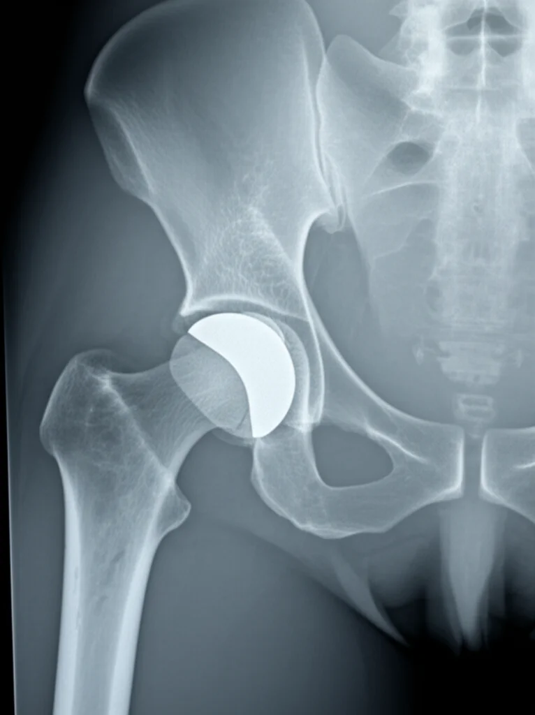 Immagine fotorealistica di una radiografia pelvica post-operatoria che mostra una protesi totale d'anca impiantata tramite approccio anteriore, con sovrapposizioni grafiche circolari che evidenziano gli angoli di antiversione e inclinazione del cotile acetabolare rispetto alla zona sicura di Lewinnek (rappresentata come un'area rettangolare semitrasparente). Dettagli nitidi dell'osso trabecolare e della superficie lucida della protesi, illuminazione uniforme tipica di un light box medico, obiettivo prime 50mm, profondità di campo sufficiente a mantenere a fuoco sia l'osso che la protesi.